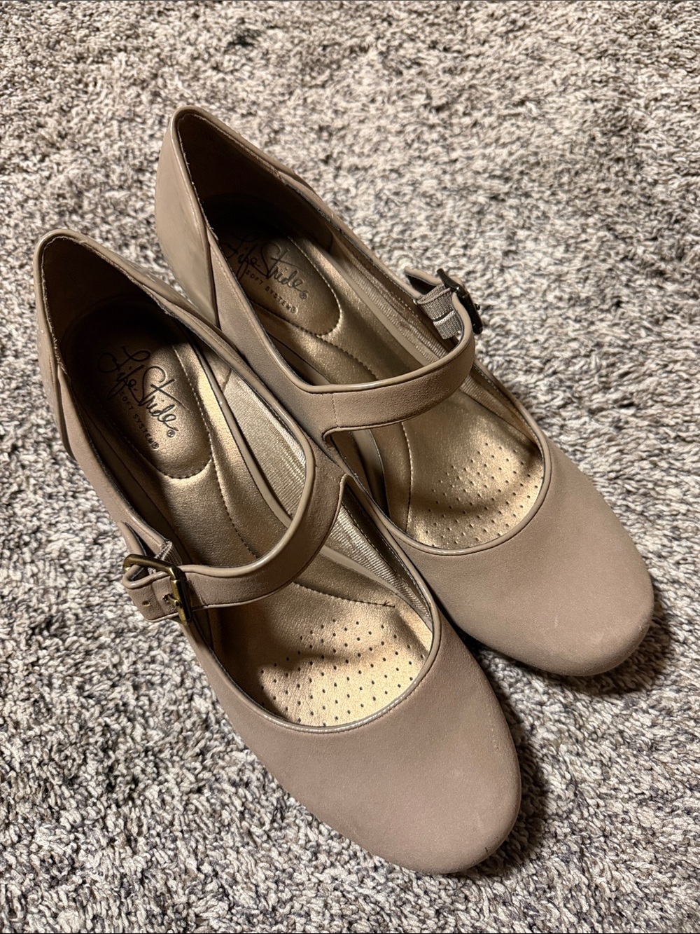 Life Stride Taupe Mary Jane Pumps with Buckle Strap